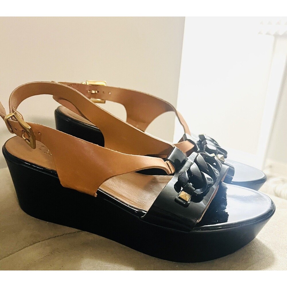 JEANNOT Italy Black Patent Leather Chain Platform Wedge Sandals 38 /7.5  2.5”